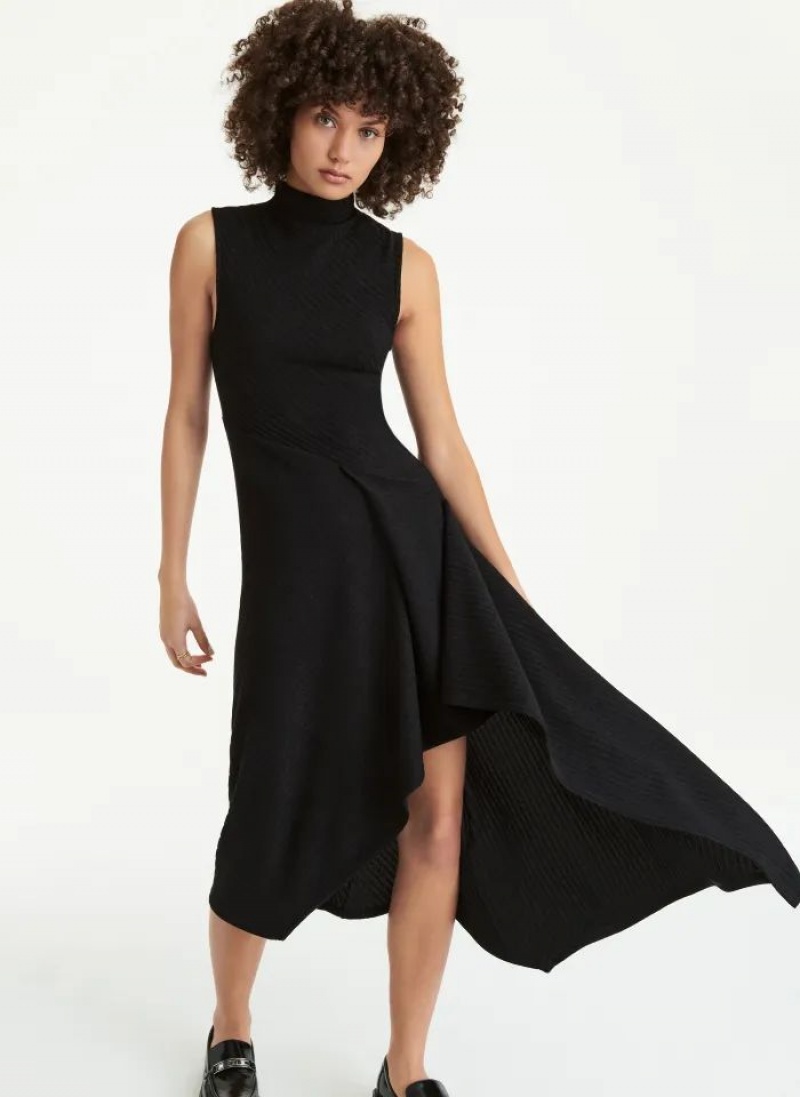 Peignoir DKNY Sans Manches Asymmetrical Rib Hacci Midi Femme Noir | France_D0454