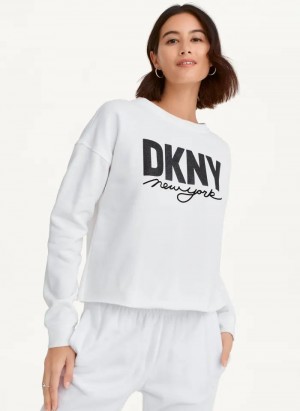 Sweats DKNY Glitter Script Logo Cropped Raw Edge Femme Blanche | France_D1001